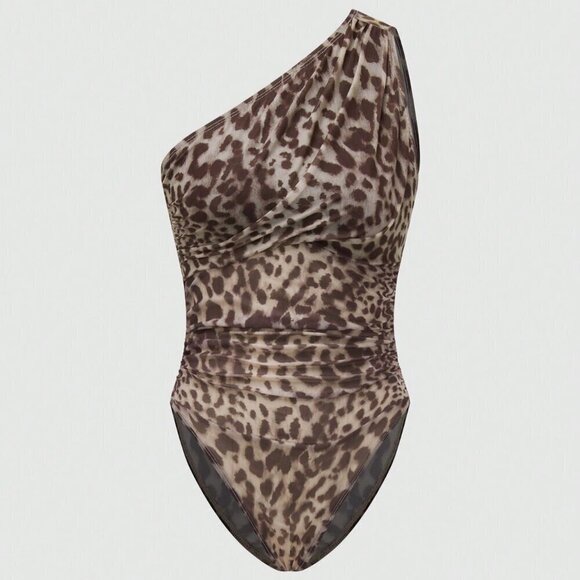 Multicolor Casual Women's Leopard Print Oblique Shoulder Bodysuit - Picture 4 of 7